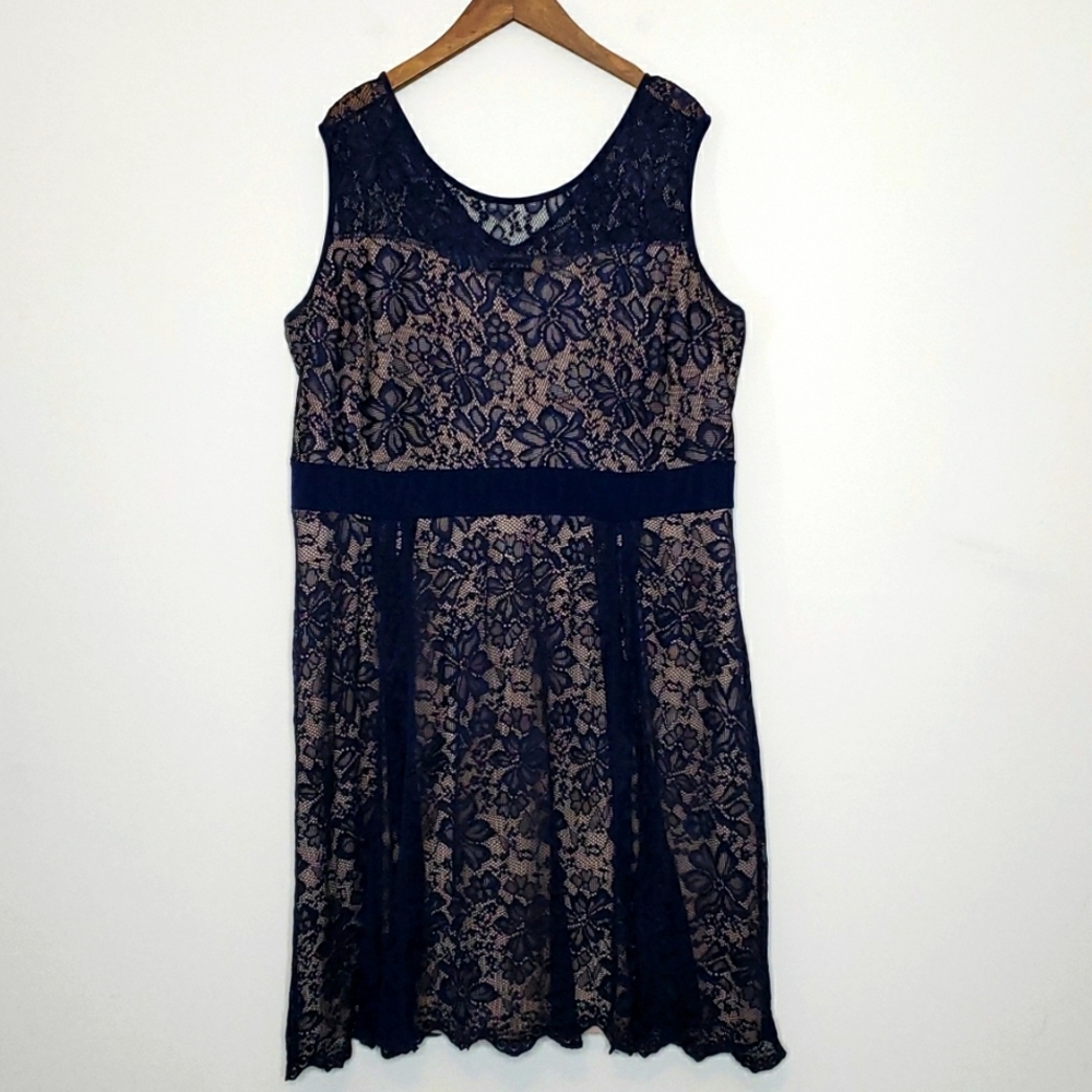 Cardalite Women's Blue Lace Overlay Sleeveless Dress Size 3X